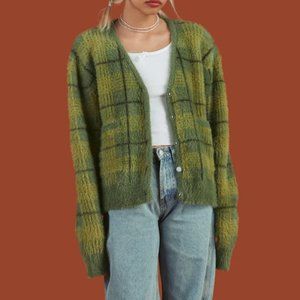 UNIF Ty Green Plaid Fuzzy Cardigan
